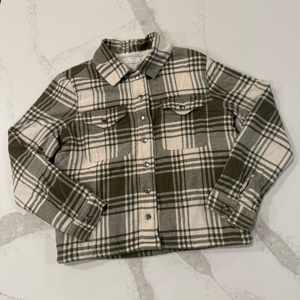 Lucky Brand Plaid Sherpa Flannel Shirt Jacket Womens Small Sage Green SnapButton - Picture 1 of 7